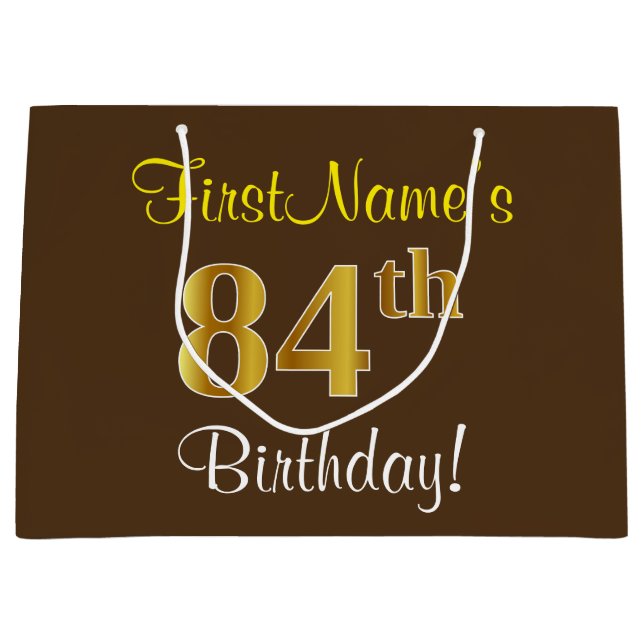 Elegant, Brown, Faux Gold 84th Birthday + Name Large Gift Bag (Front)