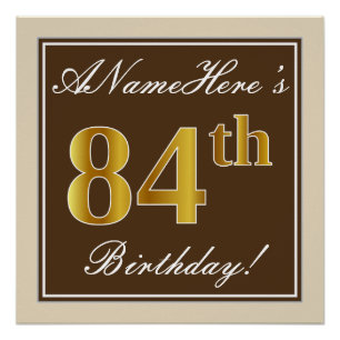 Elegant, Brown, Faux Gold 84th Birthday + Name Poster