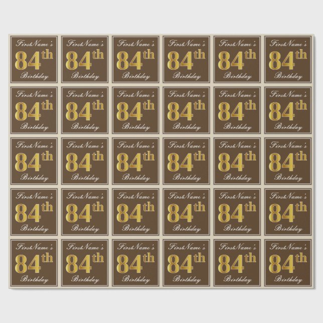 Elegant, Brown, Faux Gold 84th Birthday + Name Wrapping Paper (Flat)