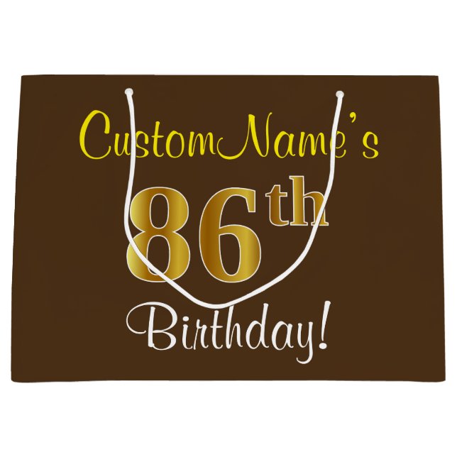 Elegant, Brown, Faux Gold 86th Birthday + Name Large Gift Bag (Front)