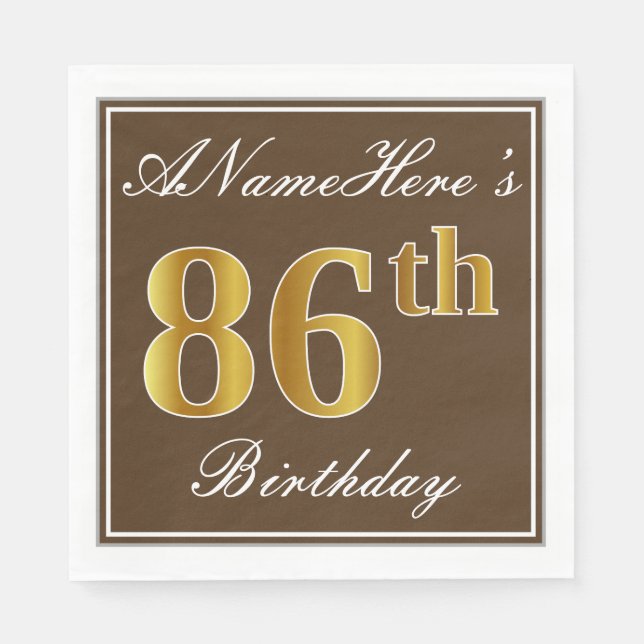 Elegant Brown, Faux Gold 86th Birthday + Name Napkin (Front)