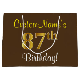 Elegant, Brown, Faux Gold 87th Birthday + Name Large Gift Bag
