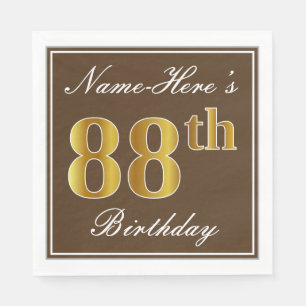 Elegant Brown, Faux Gold 88th Birthday + Name Napkin