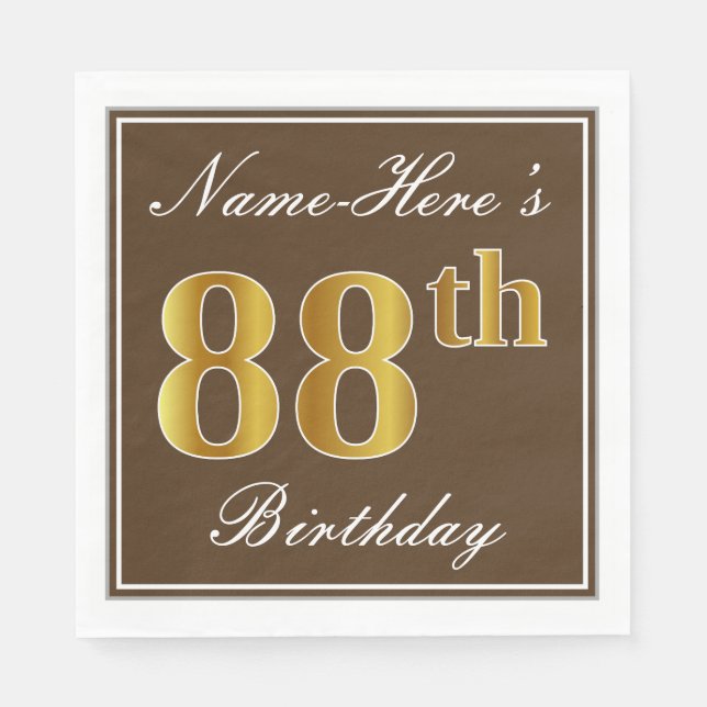 Elegant Brown, Faux Gold 88th Birthday + Name Napkin (Front)