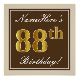 Elegant, Brown, Faux Gold 88th Birthday + Name Poster