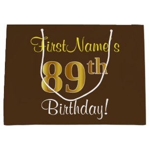 Elegant, Brown, Faux Gold 89th Birthday + Name Large Gift Bag