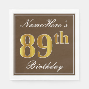 Elegant Brown, Faux Gold 89th Birthday + Name Napkin