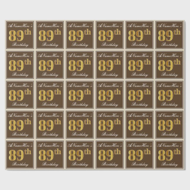 Elegant, Brown, Faux Gold 89th Birthday + Name Wrapping Paper (Flat)