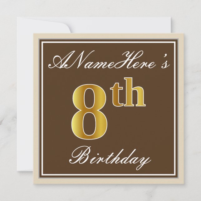 Elegant, Brown, Faux Gold 8th Birthday + Name Invitation (Front)