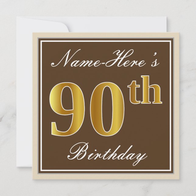 Elegant, Brown, Faux Gold 90th Birthday + Name Invitation (Front)