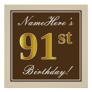 Elegant, Brown, Faux Gold 91st Birthday + Name Poster