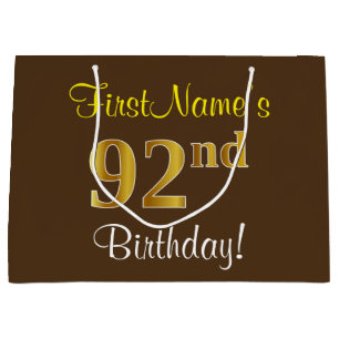 Elegant, Brown, Faux Gold 92nd Birthday + Name Large Gift Bag