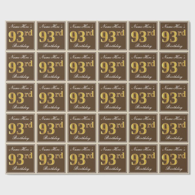 Elegant, Brown, Faux Gold 93rd Birthday + Name Wrapping Paper (Flat)