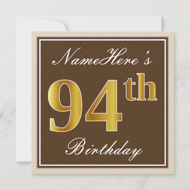 Elegant, Brown, Faux Gold 94th Birthday + Name Invitation (Front)