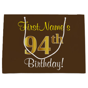 Elegant, Brown, Faux Gold 94th Birthday + Name Large Gift Bag