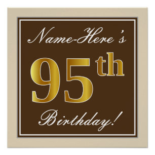 Elegant, Brown, Faux Gold 95th Birthday + Name Poster