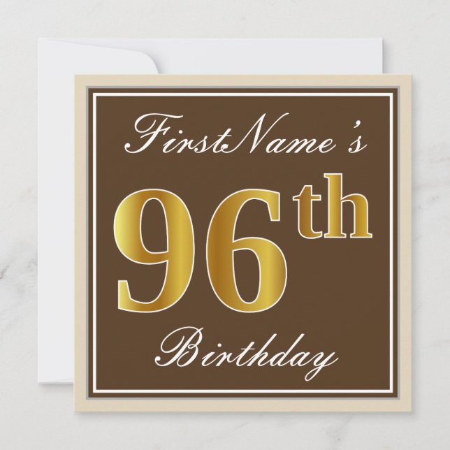 Elegant, Brown, Faux Gold 96th Birthday + Name Invitation (Front)