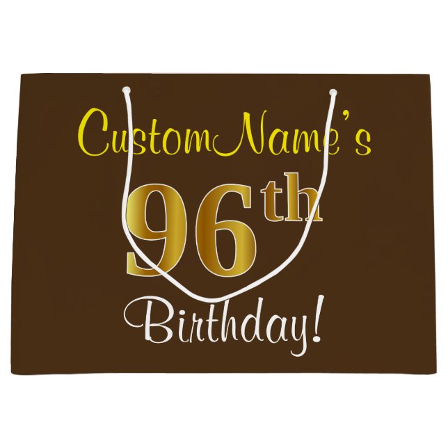 Elegant, Brown, Faux Gold 96th Birthday + Name Large Gift Bag (Front)