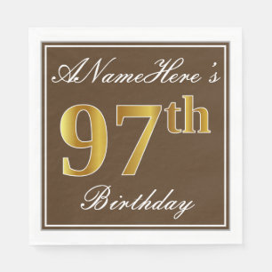 Elegant Brown, Faux Gold 97th Birthday + Name Napkin