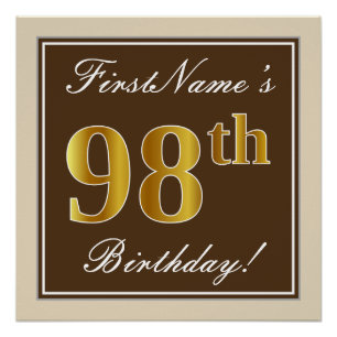 Elegant, Brown, Faux Gold 98th Birthday + Name Poster