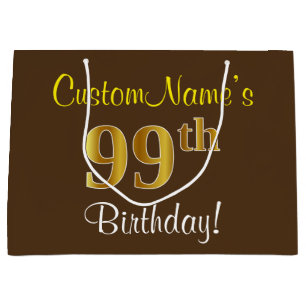 Elegant, Brown, Faux Gold 99th Birthday + Name Large Gift Bag
