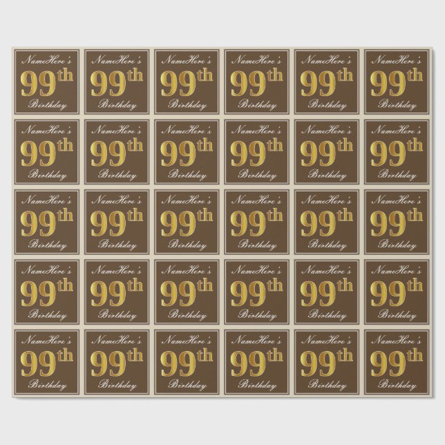 Elegant, Brown, Faux Gold 99th Birthday + Name Wrapping Paper (Flat)