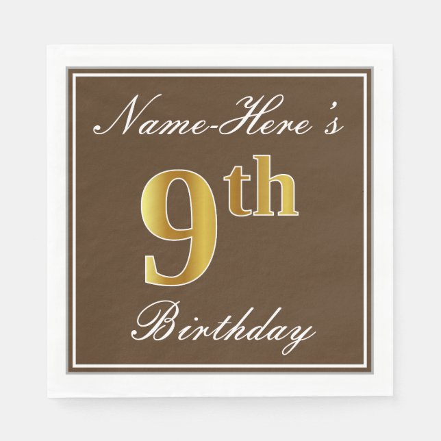 Elegant Brown, Faux Gold 9th Birthday; Custom Name Napkin (Front)
