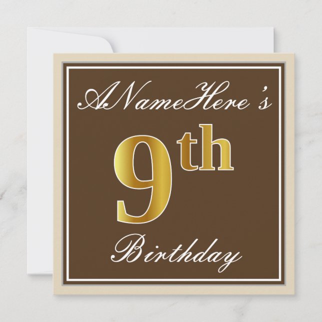 Elegant, Brown, Faux Gold 9th Birthday + Name Invitation (Front)