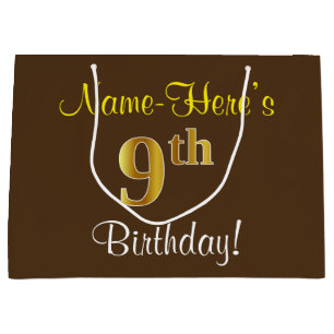 Elegant, Brown, Faux Gold 9th Birthday + Name Large Gift Bag