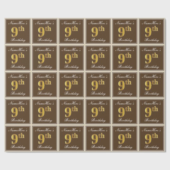 Elegant, Brown, Faux Gold 9th Birthday + Name Wrapping Paper (Flat)