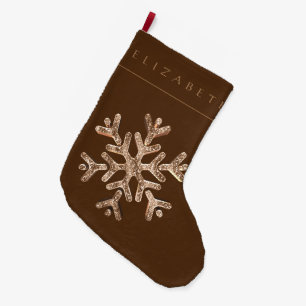 Elegant Brown Faux Gold Snowflake with Name Rustic Large Christmas Stocking