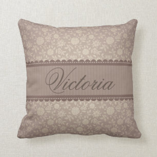 Elegant Brown Floral Pattern Custom Name Cushion