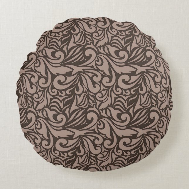Elegant Brown Floral Pattern on Light Pink Back Round Cushion (Front)