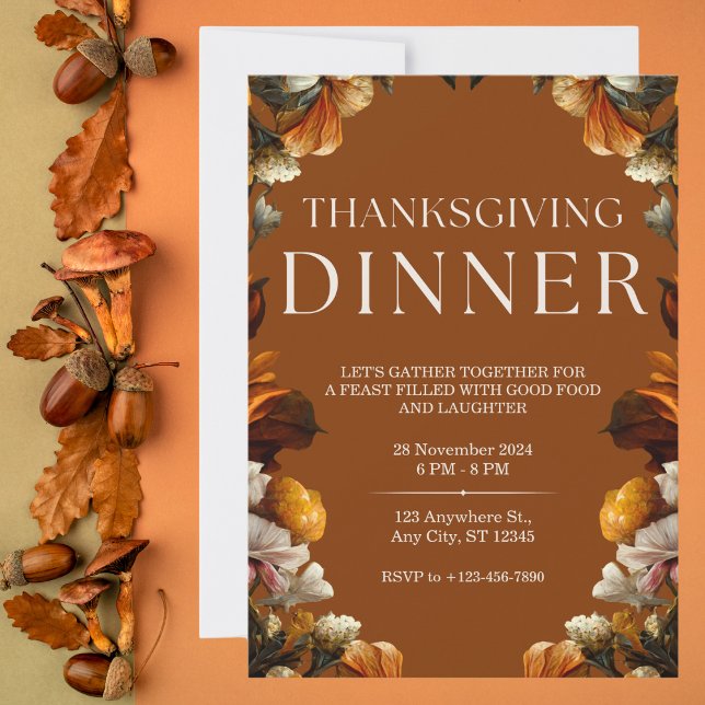 Elegant Brown Floral Thanksgiving Dinner Invitation (Creator Uploaded)