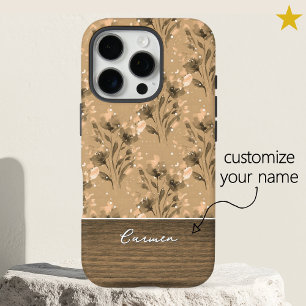 Elegant Brown Floral Wood Grain Custom Name  iPhone 16 Pro Case