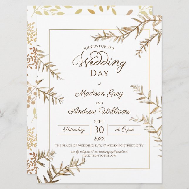 Elegant Brown Foliage Autumn Wedding Invitation (Front/Back)