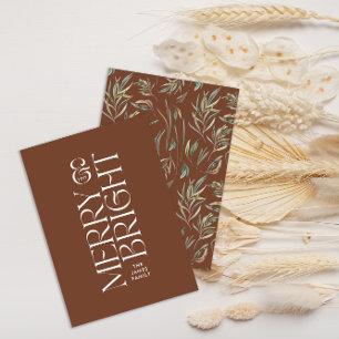 Elegant brown foliage modern minimal typography holiday card