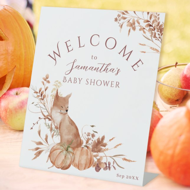 Elegant Brown Fox & Pumpkin Autumn Baby Shower Pedestal Sign (Creator Uploaded)