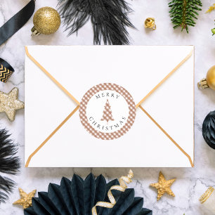 Elegant Brown Gingham Plaid Pine Merry Christmas Classic Round Sticker