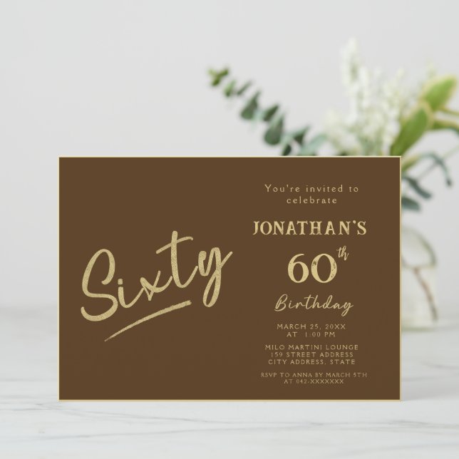 Elegant Brown Gold Brush Script 60th Birthday Invitation (Standing Front)
