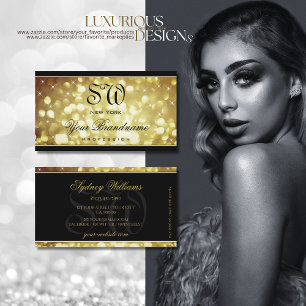 Elegant Brown Gold Glitter Stars Monogram Black Business Card