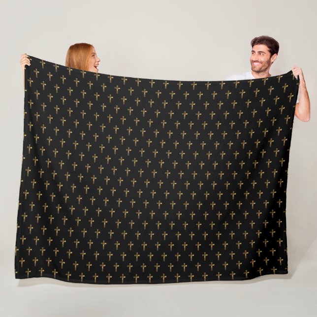 Elegant Brown Gold Look Cross Pattern Black Fleece Blanket (In Situ)