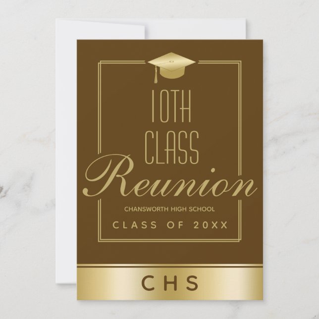 Elegant Brown Gold Script 10th Class Reunion Invitation (Front)