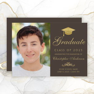 Elegant Brown Gold Script Cap Photo Graduation Announcement