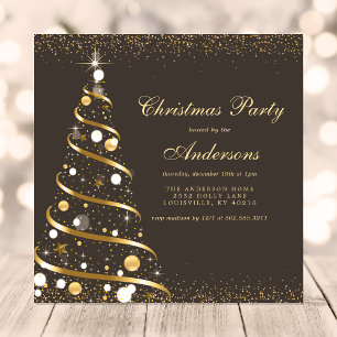 Elegant Brown Gold Sparkle Christmas Tree Party Invitation