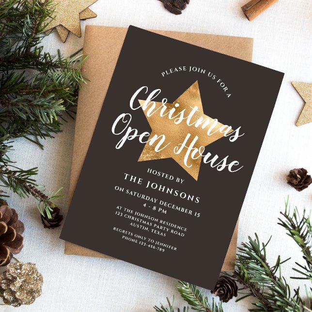 Elegant Brown Gold Star Christmas Open House Invitation (Elegant Brown Gold Star Christmas Open House Invitation)