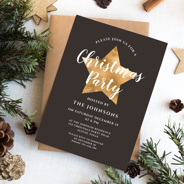 Elegant Brown Gold Star Christmas Party Invitation (Elegant Brown Gold Star Christmas Party Invitation)