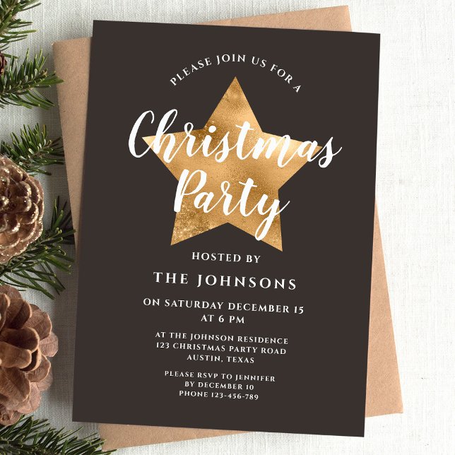Elegant Brown Gold Star Christmas Party Invitation (Elegant Brown Gold Star Christmas Party Invitation)