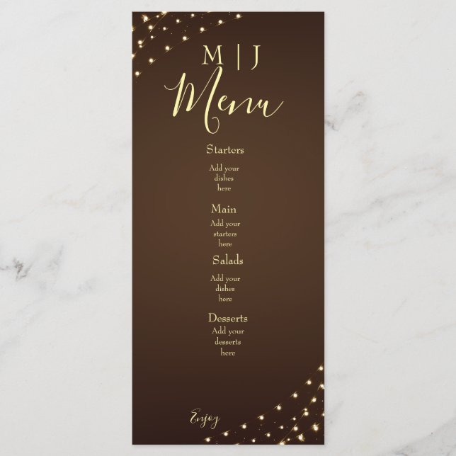Elegant Brown & Gold String Lights Wedding Menu (Front)