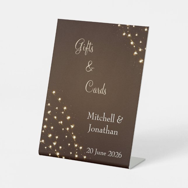 Elegant Brown & Gold String Lights Wedding  Pedestal Sign (Front)